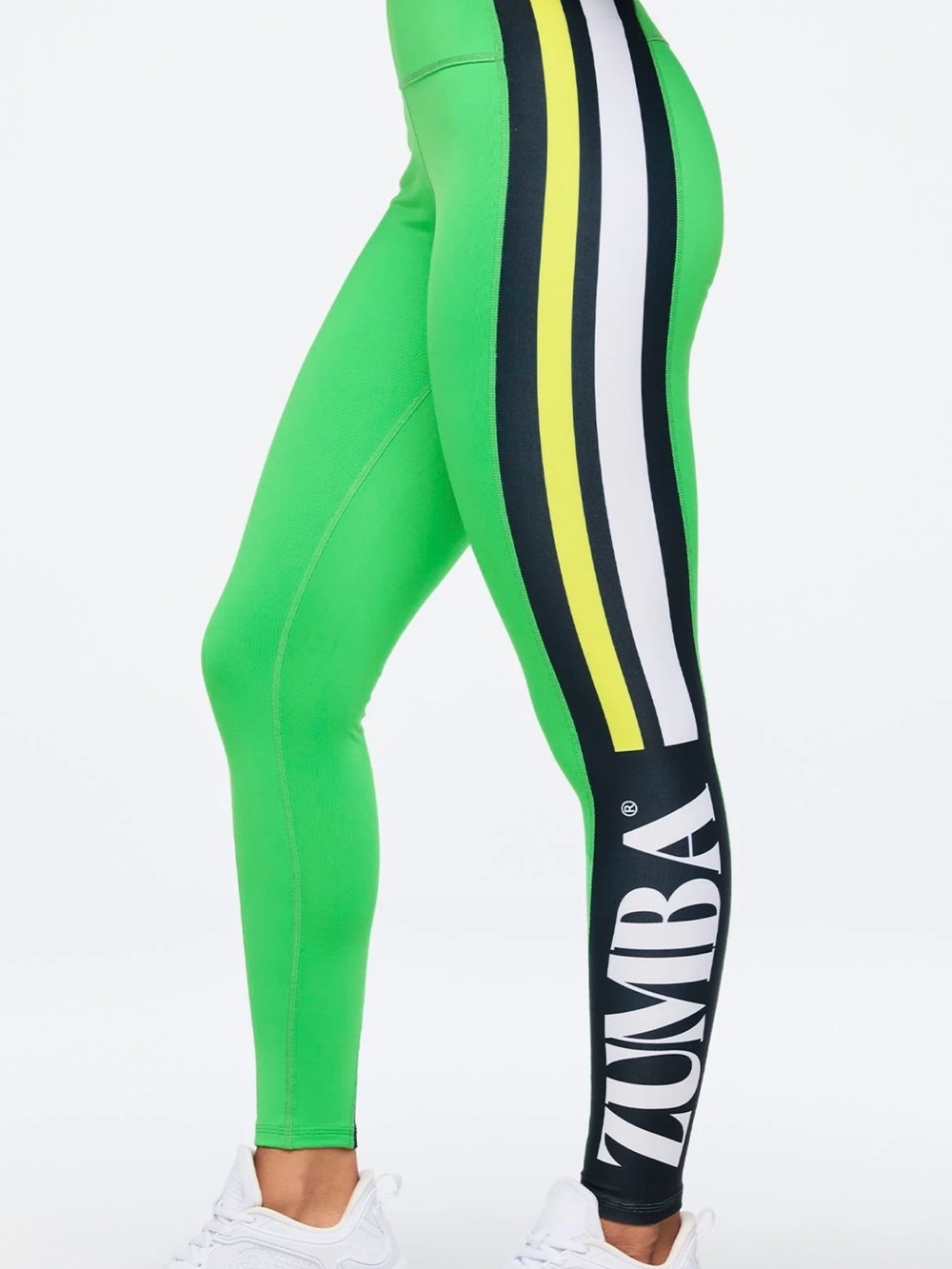 Zumba Fitness Neon Green Leggings with Black, White & Yellow Side Stripes